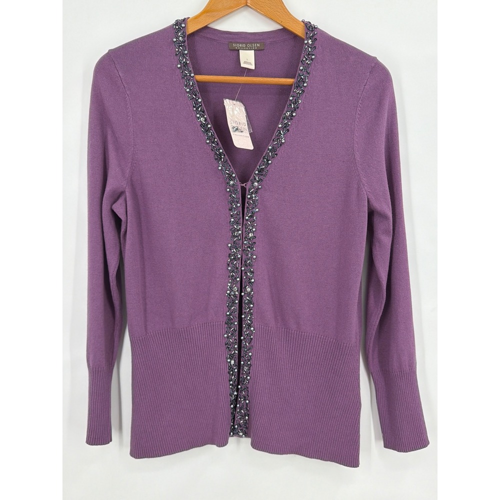 Sigrid Olsen Grape Jam Purple Silk Cashmere Beaded Cardigan Sweater